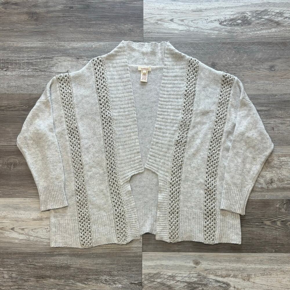 Sundance Light Gray Womens L Open Front Knit Ribbon Vertical Crochet Cardigan
